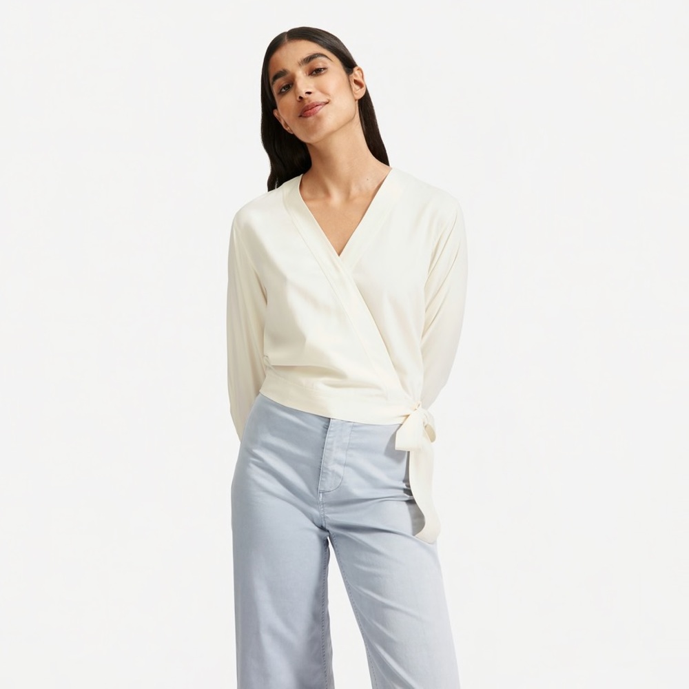NWT Everlane The Washable Silk Wrap Top, Ivory, 2